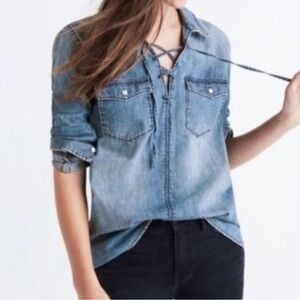 Madewell Lace-Up Denim chambray long sleeve popover shirt Shirt size small